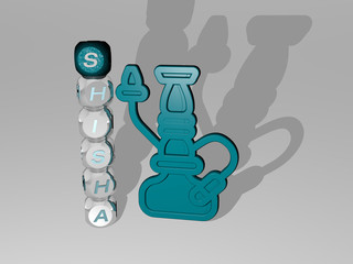 3D representation of SHISHA with icon on the wall and text arranged by metallic cubic letters on a mirror floor for concept meaning and slideshow presentation. hookah and arabic
