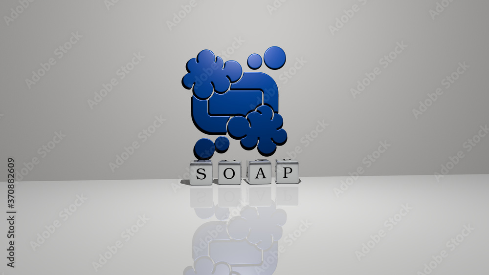 Poster soap text of cubic dice letters on the floor and 3d icon on the wall. 3d illustration. background an