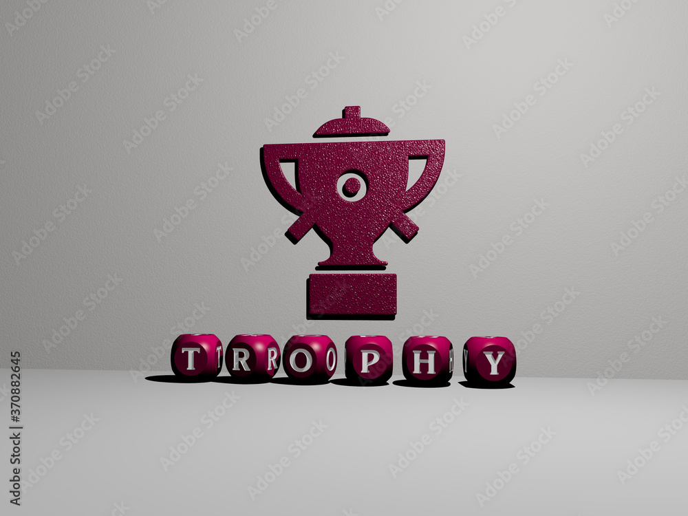 Poster 3d representation of trophy with icon on the wall and text arranged by metallic cubic letters on a m