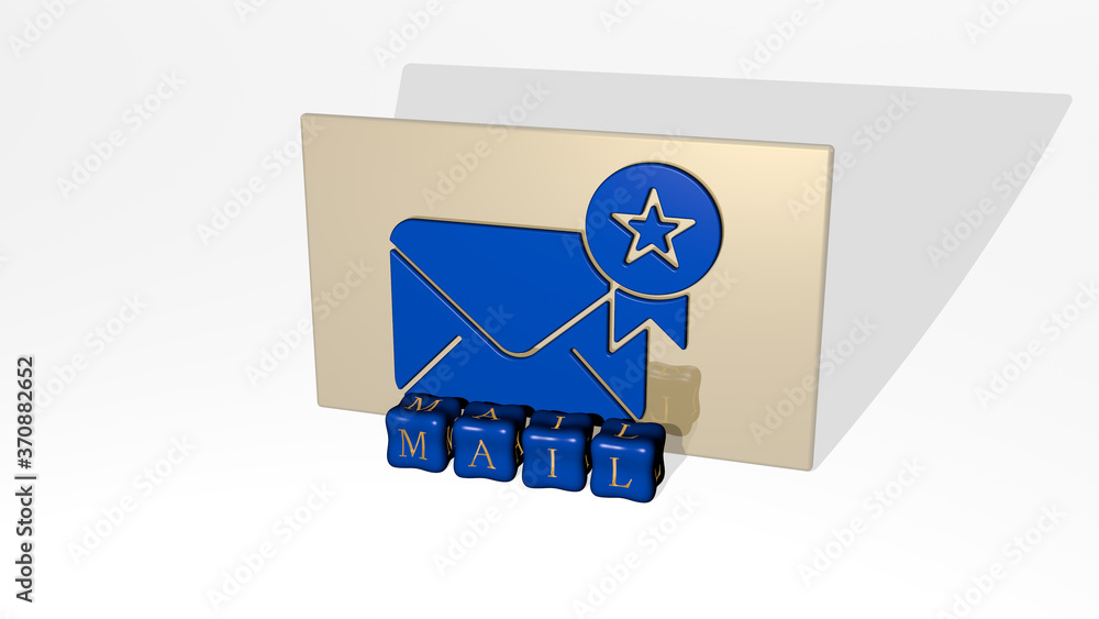 Poster 3d representation of mail with icon on the wall and text arranged by metallic cubic letters on a mir