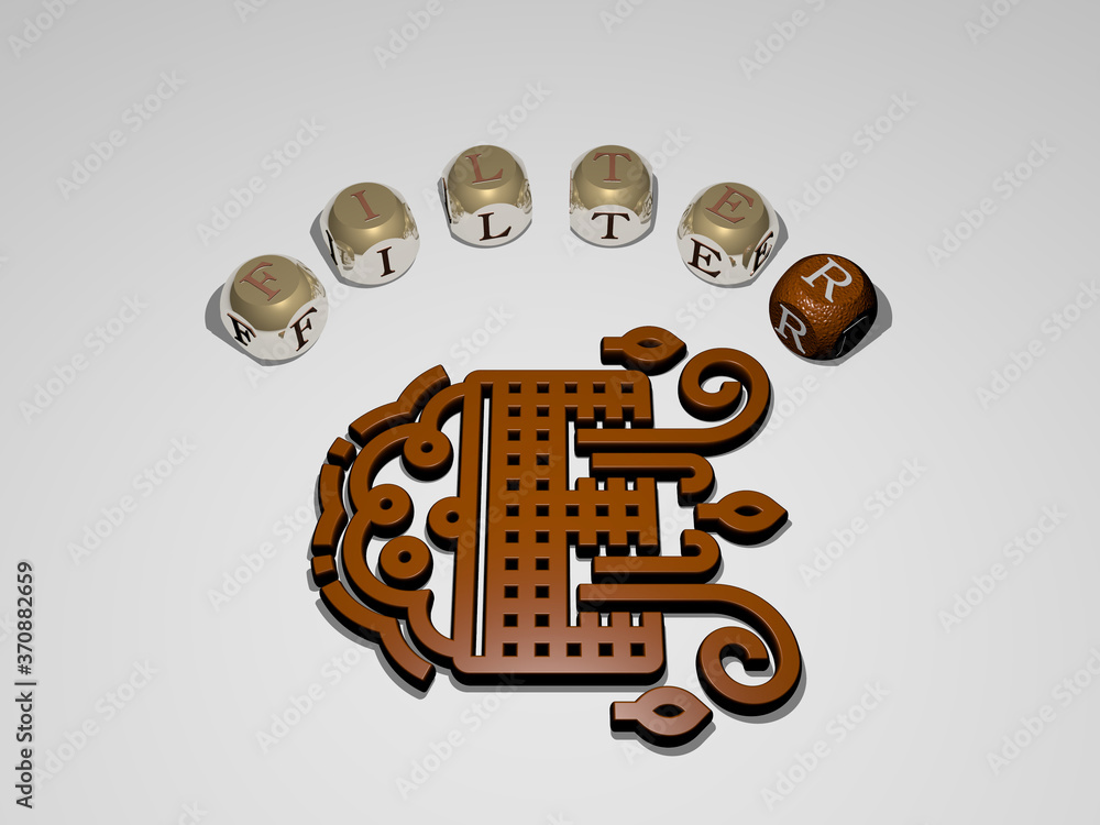 Poster filter circular text of separate letters around the 3d icon. 3d illustration. background and abstrac