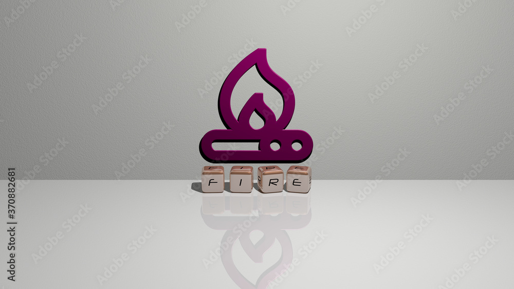 Poster fire text of cubic dice letters on the floor and 3d icon on the wall. 3d illustration. background an