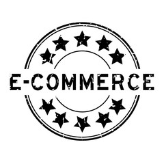 Grunge black e-commerce word with star icon round rubber seal stamp on white background