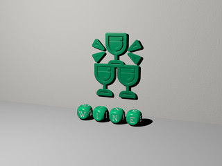WINE 3D icon on the wall and text of cubic alphabets on the floor. 3D illustration. background and alcohol