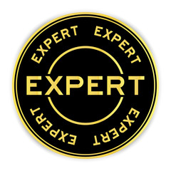 Black and gold color round sticker with word expert on white background