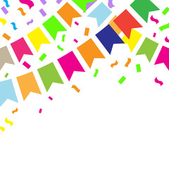 Colorful Party Flags And Confetti On White Background. vector illustration