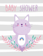 baby shower, cute cat with rainbow floral heart adorable stripes background card cartoon