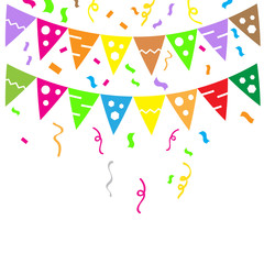 Colorful Party Flags And Confetti On White Background. vector illustration