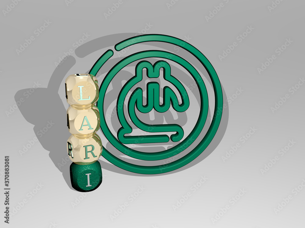 Poster 3d graphical image of lari vertically along with text built around the icon by metallic cubic letter