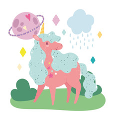 adorable unicorn magic fantasy planet cloud rain landscape cartoon