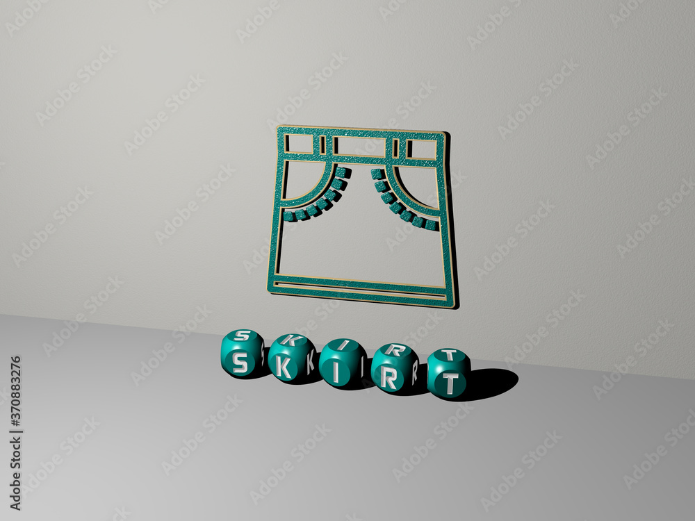 Poster 3d graphical image of skirt vertically along with text built by metallic cubic letters from the top 