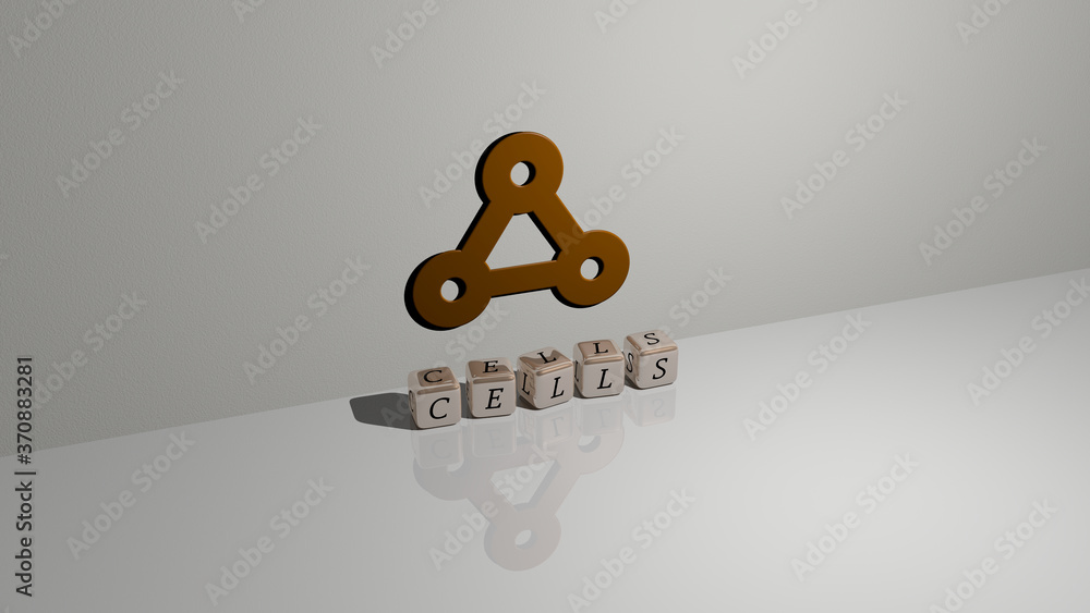 Poster cells text of cubic dice letters on the floor and 3d icon on the wall. 3d illustration. background a
