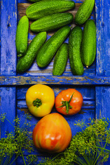 Cucumber tomato and dill, fresh vegetables on the background of a wooden blue retro texture.