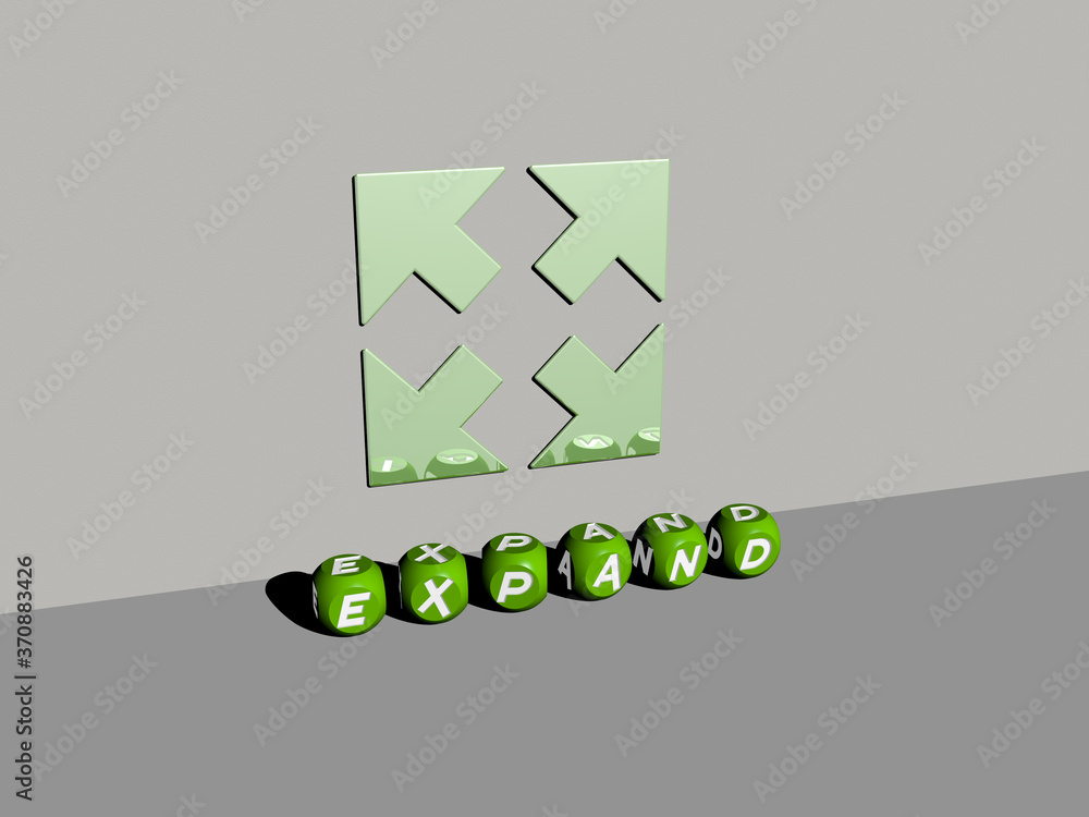 Poster 3d representation of expand with icon on the wall and text arranged by metallic cubic letters on a m
