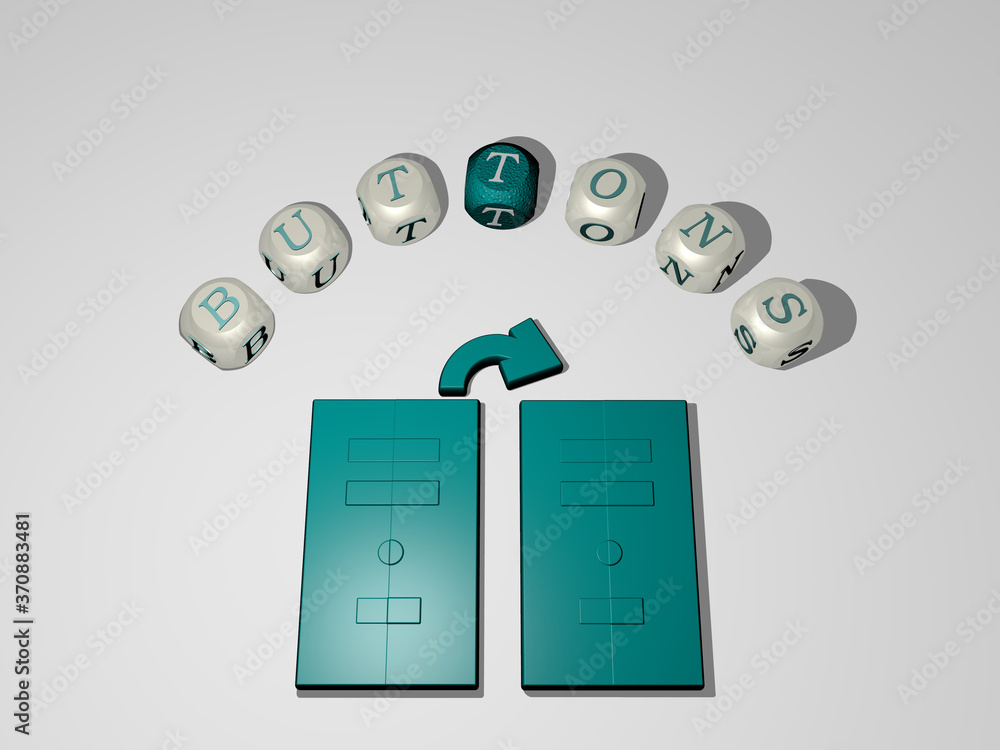 Poster buttons 3d icon surrounded by the text of cubic letters. 3d illustration. background and design
