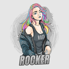 beautiful girl with colorful hair like unicorn or rainbow hair dress up rock n roll in spiked leather jacket