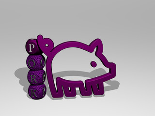 PORK 3D icon and dice letter text. 3D illustration. meat and food