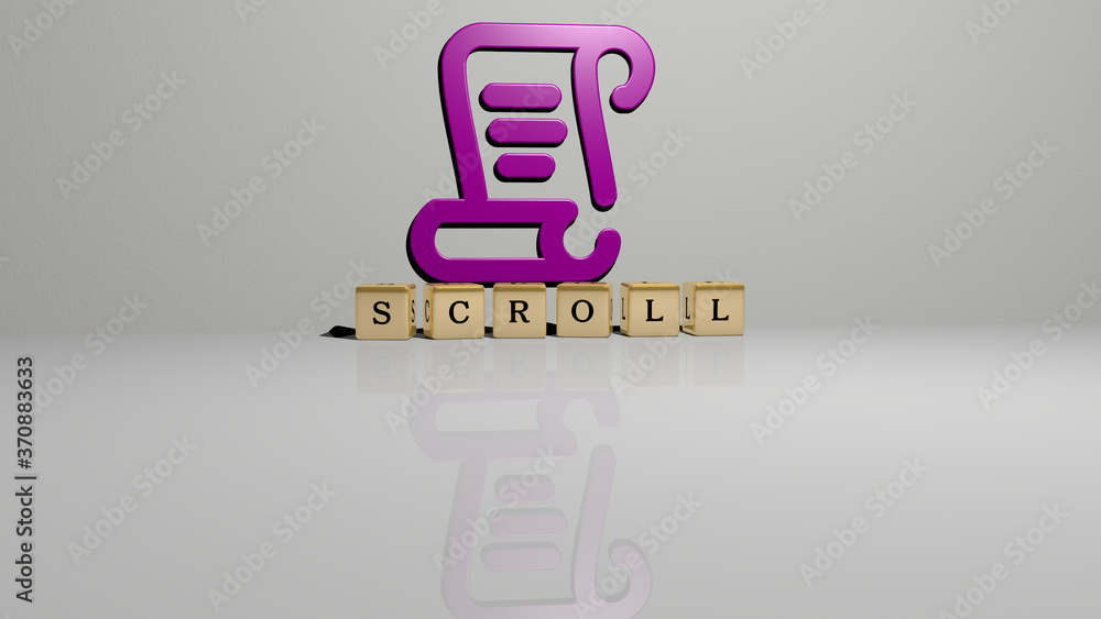 Aufkleber scroll text of cubic dice letters on the floor and 3d icon on the wall. 3d illustration. background 