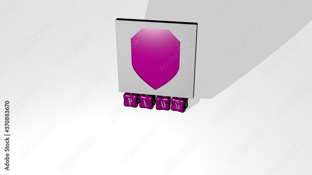 Poster 3d representation of plug with icon on the wall and text arranged by metallic cubic letters on a mir
