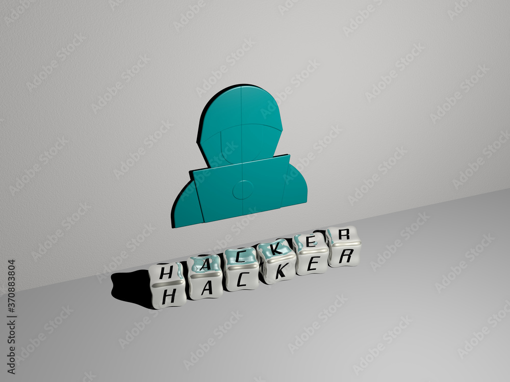 Poster hacker 3d icon on the wall and cubic letters on the floor. 3d illustration. computer and data