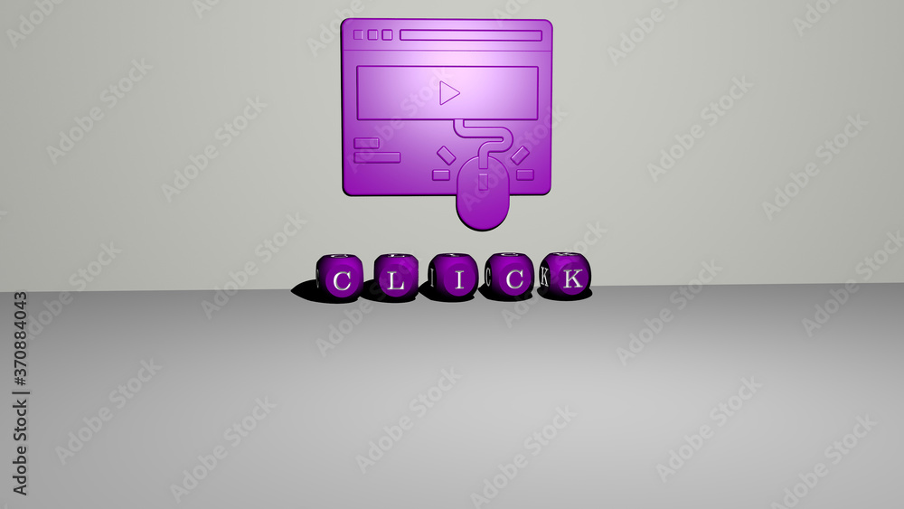 Poster click 3d icon on the wall and text of cubic alphabets on the floor. 3d illustration. button and busi