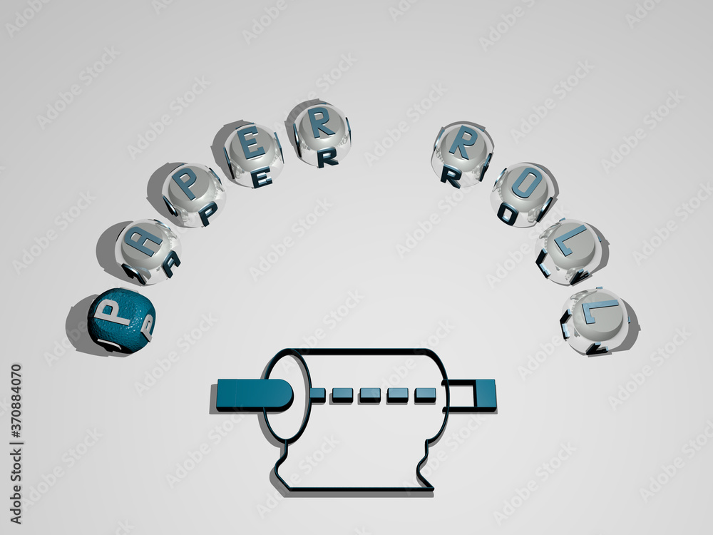 Aufkleber paper roll 3d icon surrounded by the text of cubic letters. 3d illustration. background and abstract