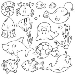 Set of sea animal kawaii doodles
