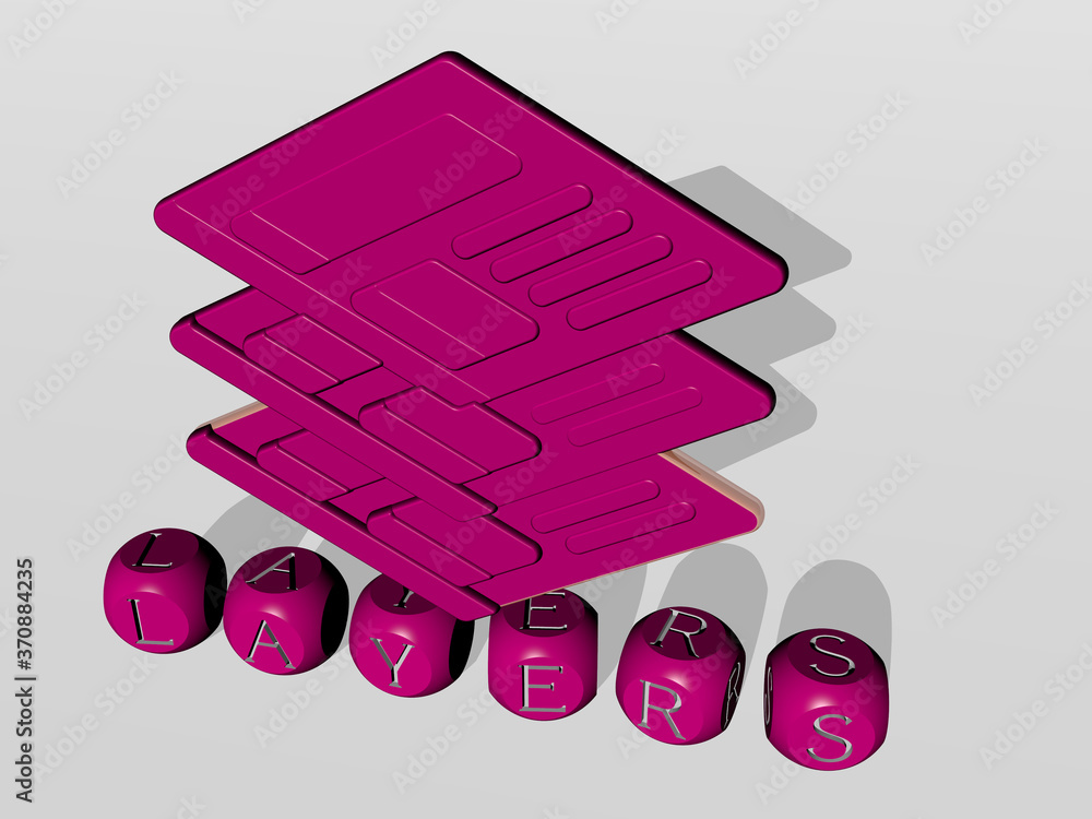 Poster layers cubic letters with 3d icon on the top. 3d illustration. background and abstract