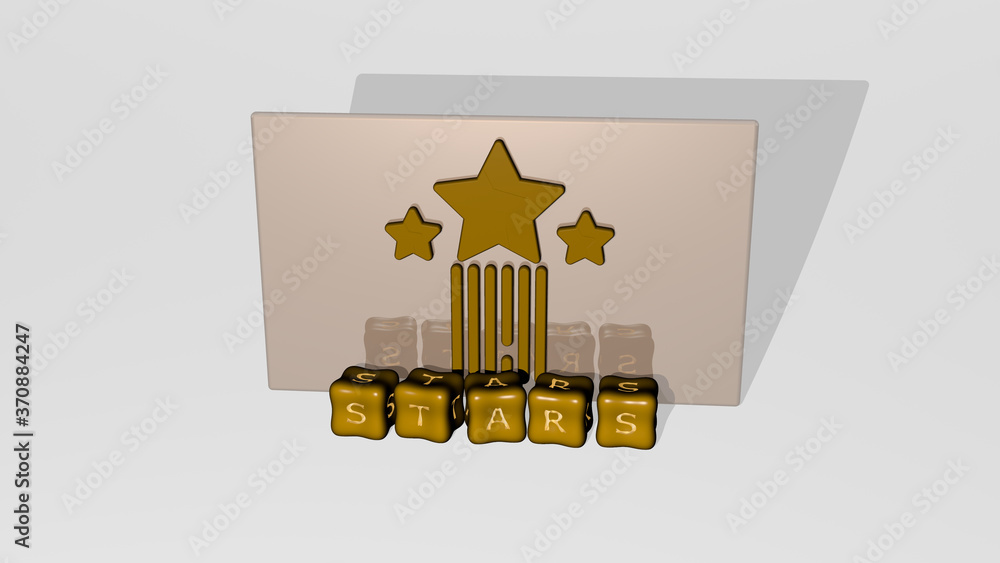 Poster 3d representation of stars with icon on the wall and text arranged by metallic cubic letters on a mi