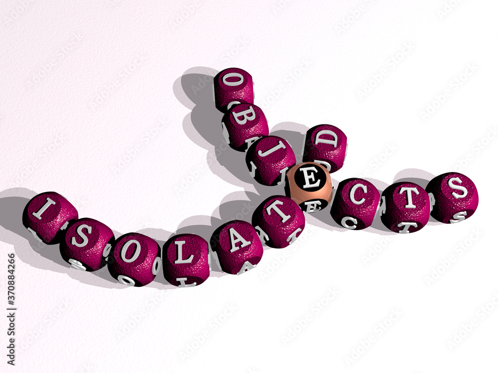 Poster isolated objects curved crossword of cubic dice letters. 3d illustration. background and white