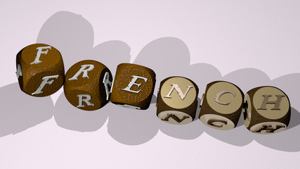 french text by dancing dice letters. 3D illustration. france and background