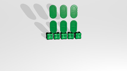 PILLS 3D icon object on text of cubic letters. 3D illustration. background and medicine