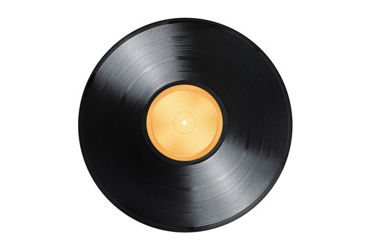 Vinyl record with golden blank label isolated on white background