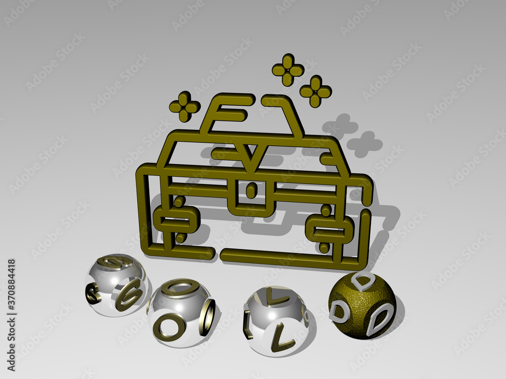 Poster gold round text of cubic letters around 3d icon. 3d illustration. background and abstract