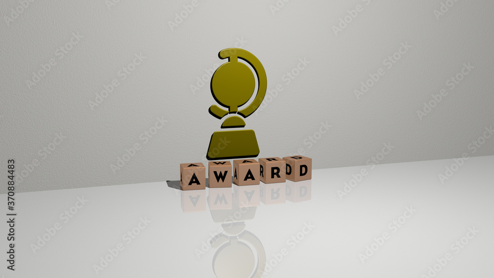 Poster award text of cubic dice letters on the floor and 3d icon on the wall. 3d illustration. background a
