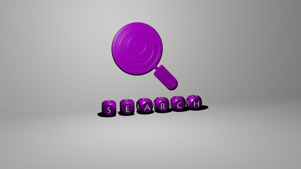 search 3D icon on the wall and text of cubic alphabets on the floor. 3D illustration. concept and business