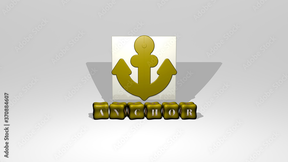 Poster 3d graphical image of anchor vertically along with text built by metallic cubic letters from the top
