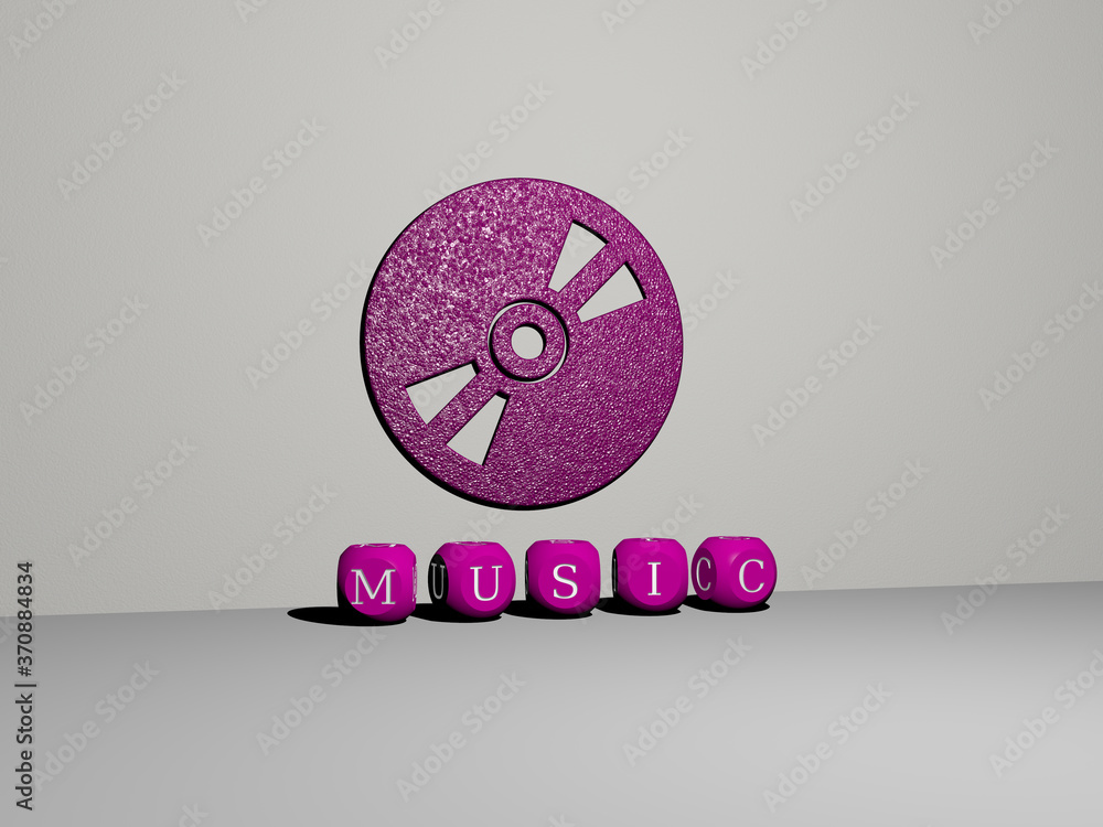 Poster 3d representation of music with icon on the wall and text arranged by metallic cubic letters on a mi