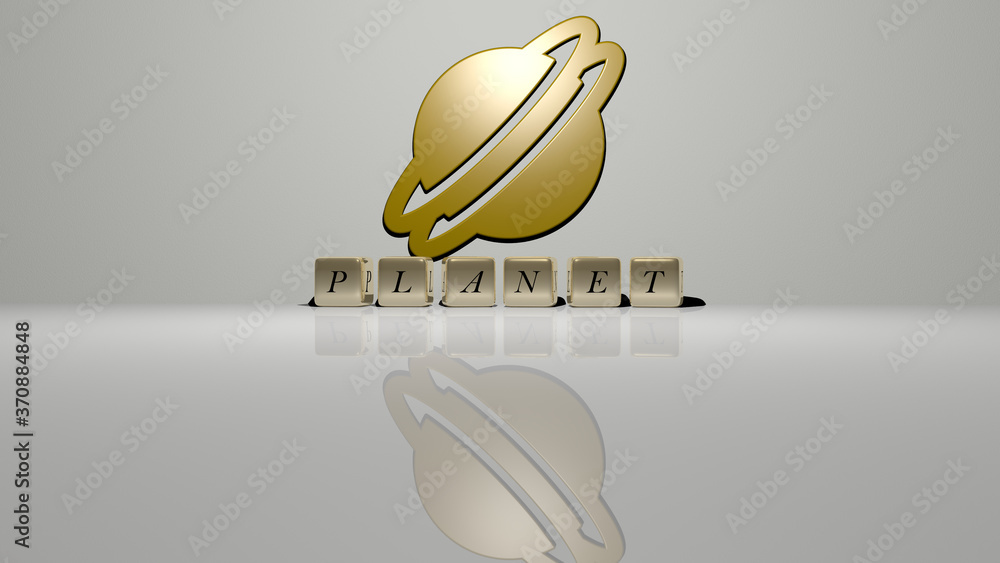 Poster planet text of cubic dice letters on the floor and 3d icon on the wall. 3d illustration. earth and b