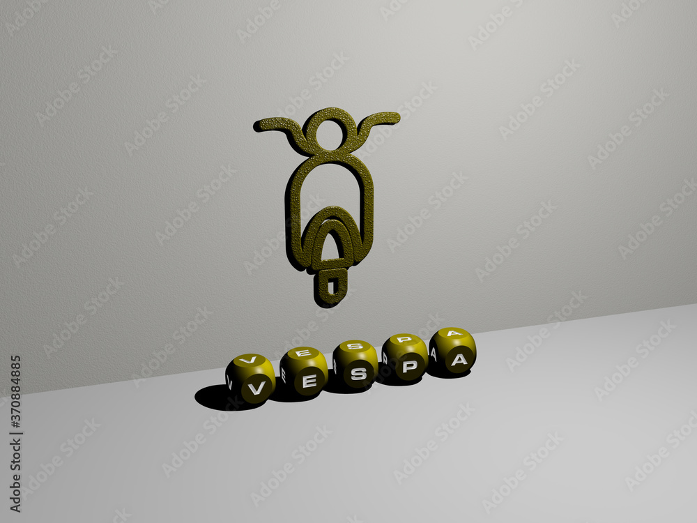 Poster 3d representation of vespa with icon on the wall and text arranged by metallic cubic letters on a mi