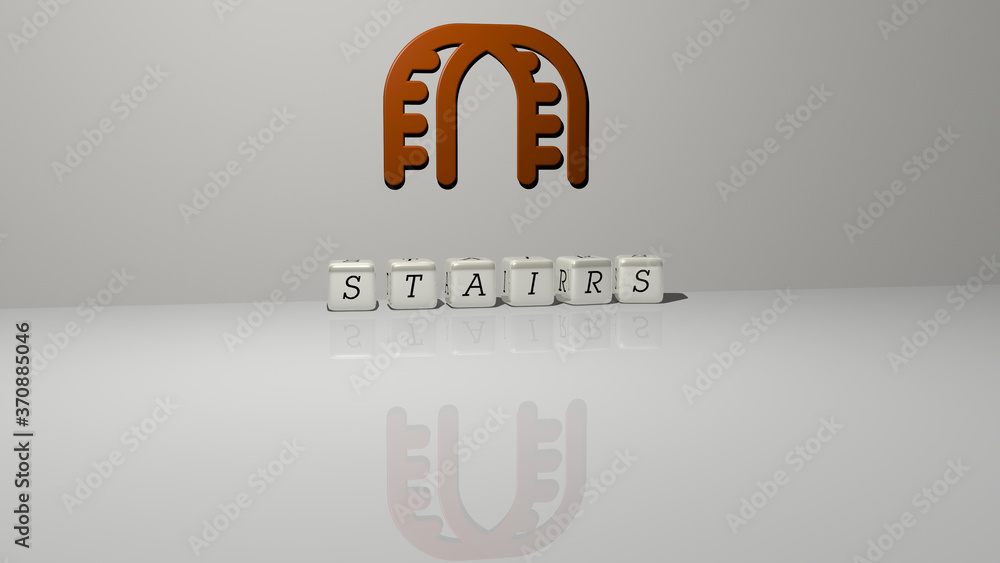 Poster stairs text of cubic dice letters on the floor and 3d icon on the wall. 3d illustration. architectur