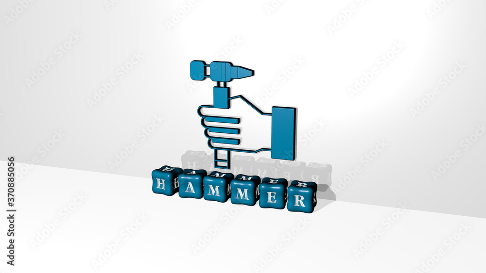 Poster 3d graphical image of hammer vertically along with text built by metallic cubic letters from the top