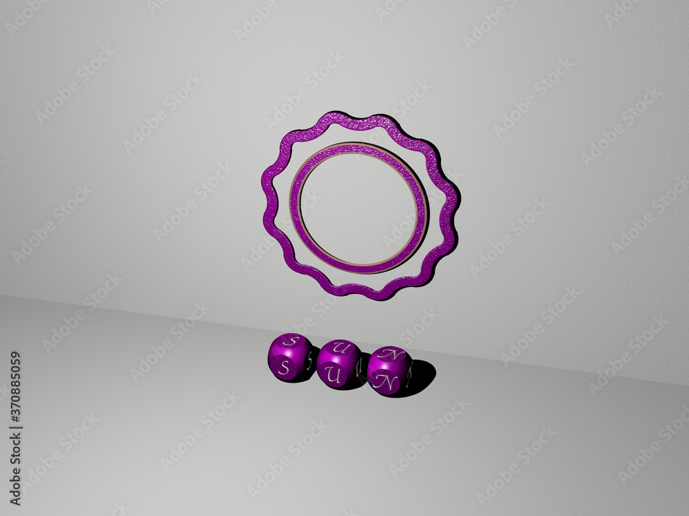Poster 3d graphical image of sun vertically along with text built by metallic cubic letters from the top pe