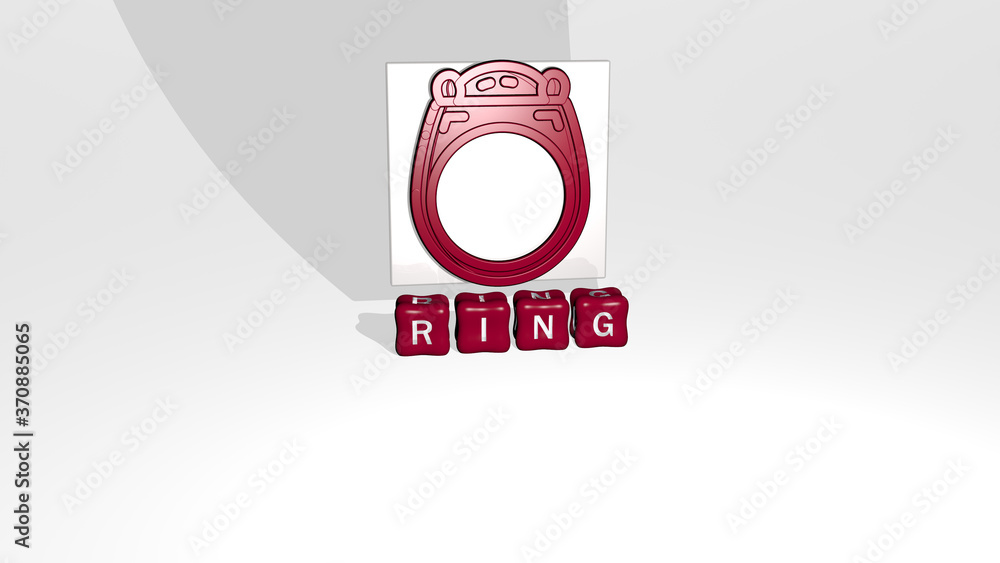 Poster 3d representation of ring with icon on the wall and text arranged by metallic cubic letters on a mir