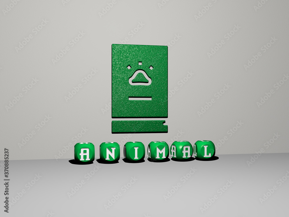 Poster 3d representation of animal with icon on the wall and text arranged by metallic cubic letters on a m