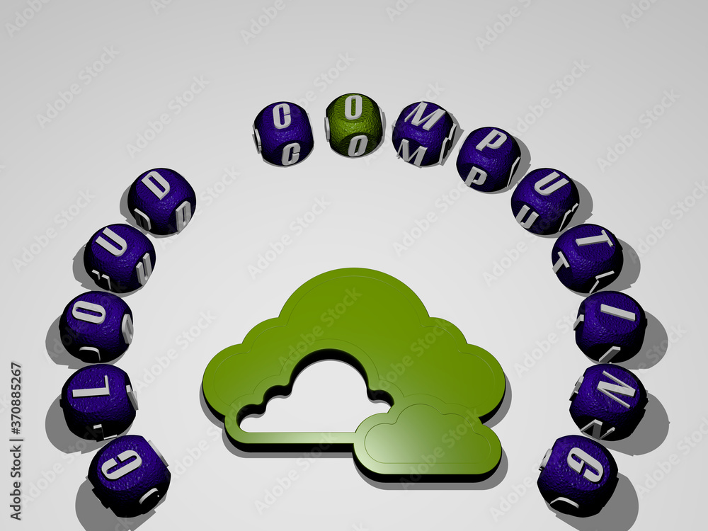 Poster cloud computing icon surrounded by the text of individual letters. 3d illustration. background and b