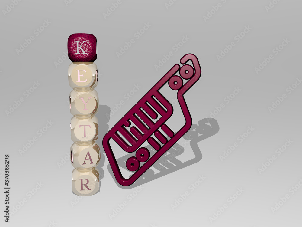 Poster 3d illustration of keytar graphics and text around the icon made by metallic dice letters for the re