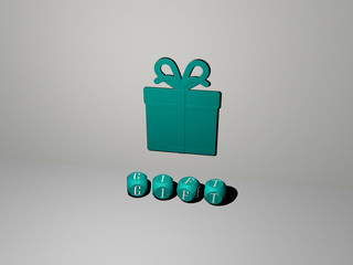 GIFT 3D icon on the wall and text of cubic alphabets on the floor. 3D illustration. background and christmas
