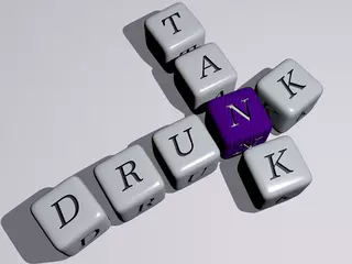 Deurstickers drunk tank crossword by cubic dice letters. 3D illustration. alcohol and bottle © Ali