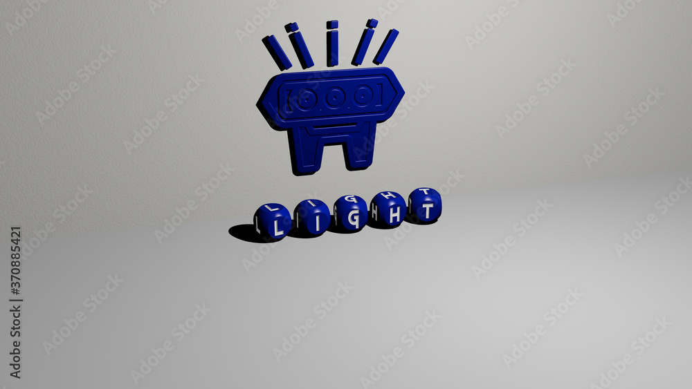 Poster light 3d icon on the wall and text of cubic alphabets on the floor. 3d illustration. background and 
